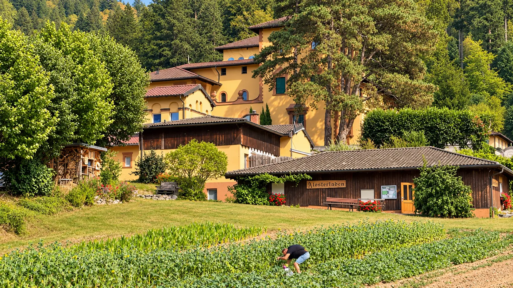 Blick über Felder und Gärten auf die Häuser am Waldrand von Günterstal