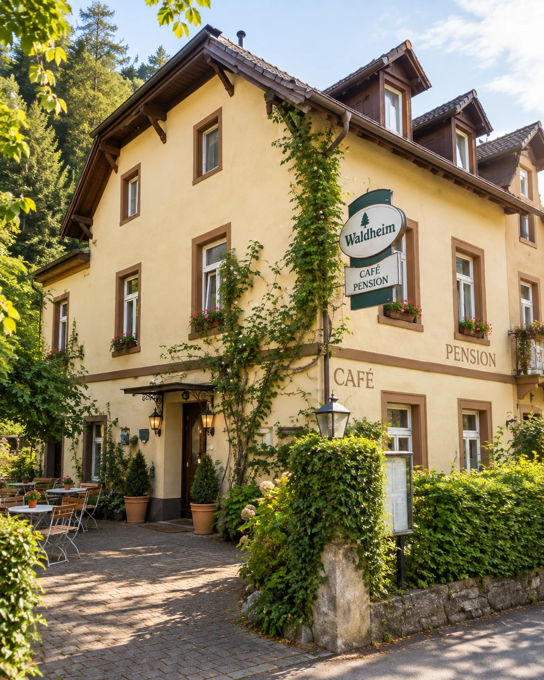 Das Waldheim mit Café-Schild, berankter Fassade und Tischen auf der Terrasse