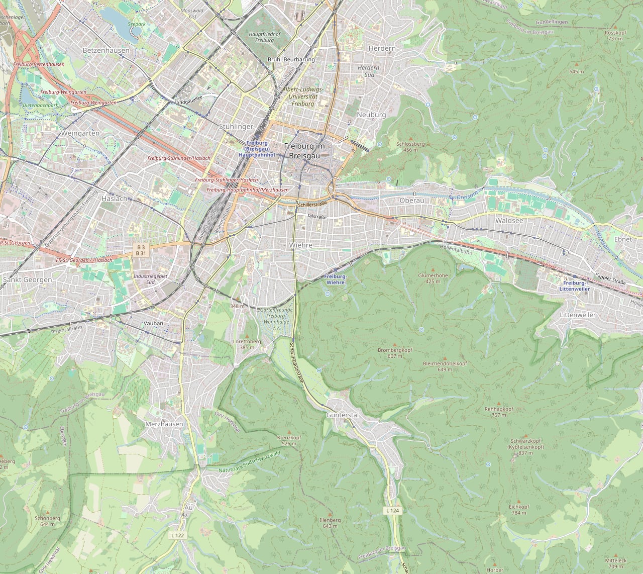 Karte von Freiburg: Das Hotel Waldheim liegt im Stadtteil Günterstal, rund drei Kilometer südlich der Innenstadt an der Schauinslandstraße.